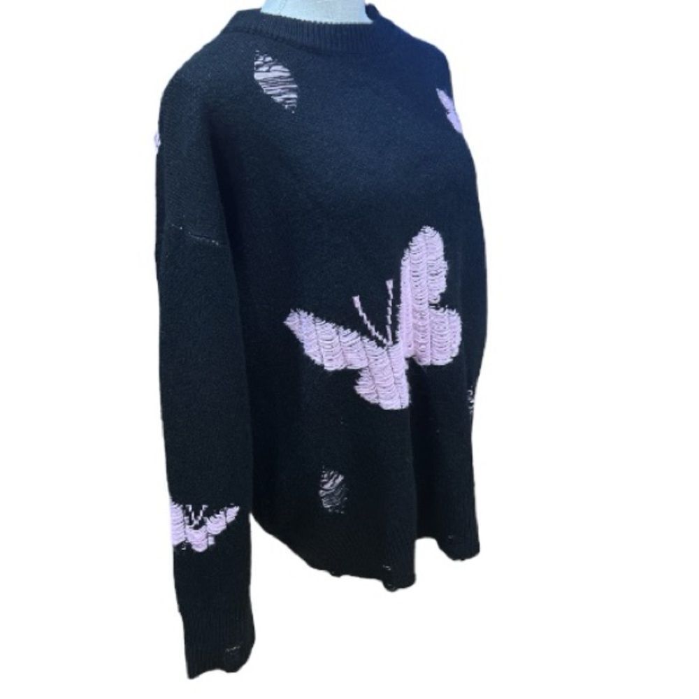 Santo Black Knit Sweater with Pink Butterfly and Distressed Design Size M - Picture 3 of 8